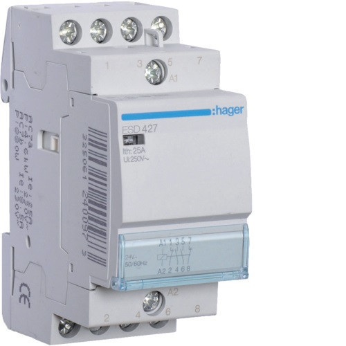 Hager Moduláris kontaktor 25A, 2 Záró + 2 Nyitó érintkező, 24V AC 50 Hz (Hager ESD427)