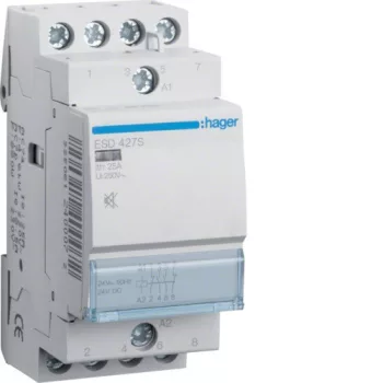   Hager Csendes moduláris kontaktor 25A, 2 Záró + 2 Nyitó érintkező, 24V AC/DC 50 Hz (Hager ESD427S)