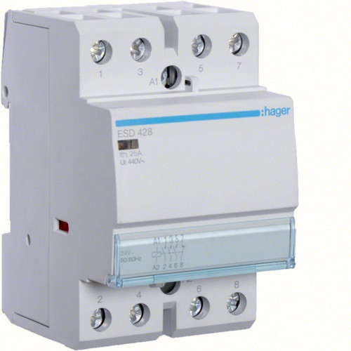 Hager Moduláris kontaktor 25A, 3 Záró + 1 Nyitó érintkező, 24V AC 50 Hz (Hager ESD428)