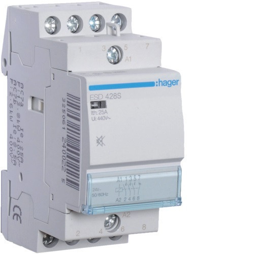 Hager Csendes moduláris kontaktor 25A, 3 Záró + 1 Nyitó érintkező, 24V AC/DC 50 Hz (Hager ESD428S)