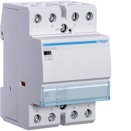 Hager ESD463, Moduláris kontaktor 63A, 4 Záró érintkező, 24V AC 50 Hz (Hager ESD463)