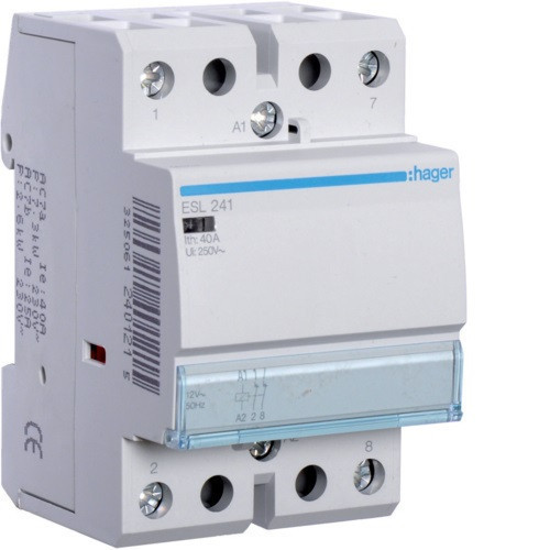Hager Moduláris kontaktor 40A, 2 Nyitó érintkező, 12V AC 50 Hz (Hager ESL241)