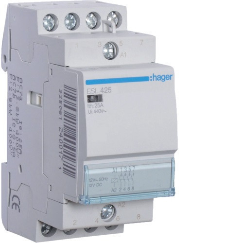 Hager Moduláris kontaktor 25A, 4 Záró érintkező, 12V AC 50 Hz (Hager ESL425)