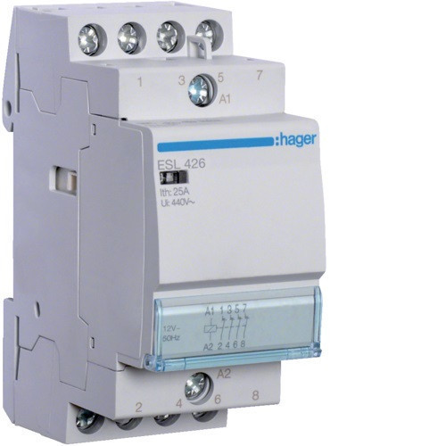 Hager Moduláris kontaktor 25A, 4 Nyitó érintkező, 12V AC 50 Hz (Hager ESL426)