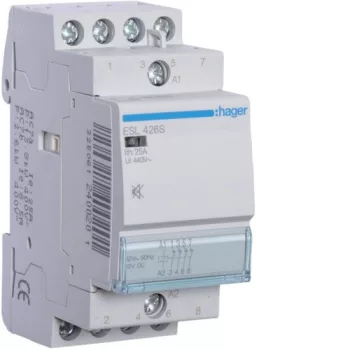   Hager Csendes moduláris kontaktor 25A, 4 Nyitó érintkező, 12V AC/DC 50 Hz (Hager ESL426S)