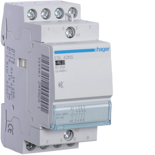 Hager Csendes moduláris kontaktor 25A, 4 Nyitó érintkező, 12V AC/DC 50 Hz (Hager ESL426S)