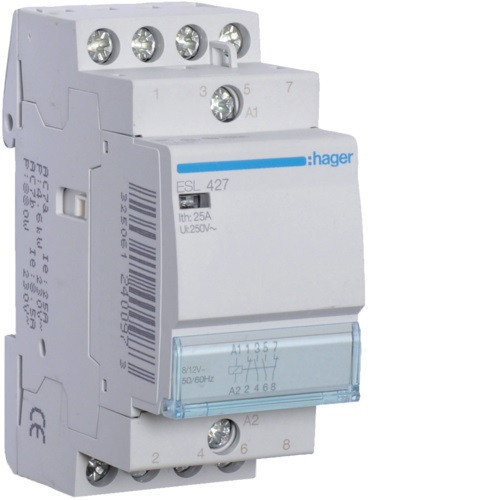 Hager Moduláris kontaktor 25A, 2 Záró + 2 Nyitó érintkező, 12V AC 50 Hz (Hager ESL427)
