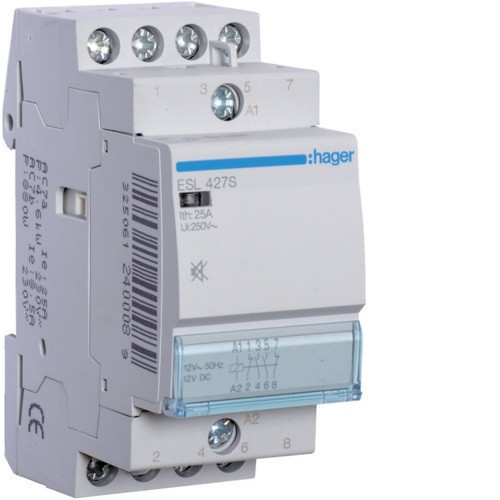 Hager Csendes moduláris kontaktor 25A, 2 Záró + 2 Nyitó érintkező, 12V AC/DC 50 Hz (Hager ESL427S)
