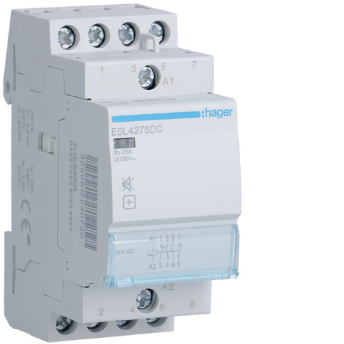 Hager ESL427SDC Csendes mágneskapcsoló 2Z + 2Ny 25A 12V DC 50 Hz Hager ESL427SDC Csendes mágneskapcsoló 2Z + 2Ny 25A 12V DC 50 Hz