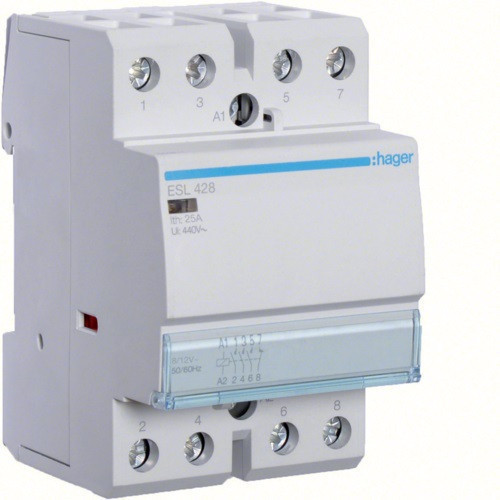 Hager Moduláris kontaktor 25A, 3 Záró + 1 Nyitó érintkező, 12V AC 50 Hz (Hager ESL428)