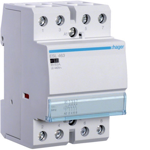 Hager ESL463, Moduláris kontaktor 63A, 4 Záró érintkező, 12V AC 50 Hz (Hager ESL463)