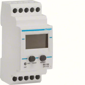   Hager EU102 Feszültségfigyelő relé, 1F, beállítható feszültség (15-700V DC / 15-480V AC) és idő (0,1-12s); +/