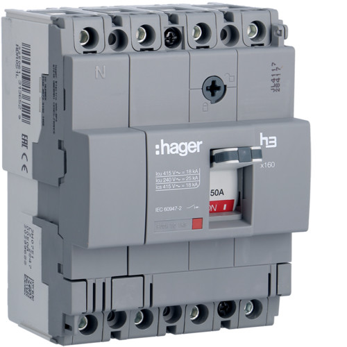 Hager HDA051L x160 TM kompakt megszakító, 4P, 50A, 18kA Hager HDA051L x160 TM kompakt megszakító, 4P, 50A, 18kA