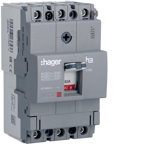 Hager HDA063L x160 TM kompakt megszakító, 3P, 63A, 18kA Hager HDA063L x160 TM kompakt megszakító, 3P, 63A, 18kA