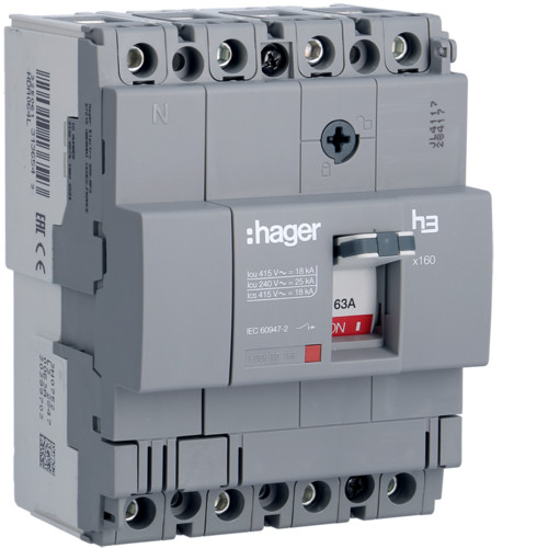 Hager HDA064L x160 TM kompakt megszakító, 4P, 63A, 18kA Hager HDA064L x160 TM kompakt megszakító, 4P, 63A, 18kA