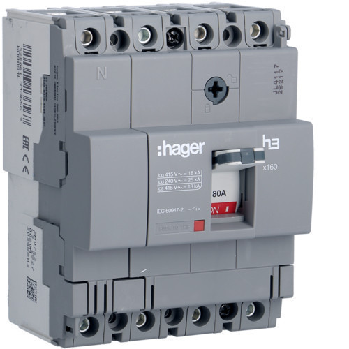 Hager HDA081L x160 TM kompakt megszakító, 4P, 80A, 18kA Hager HDA081L x160 TM kompakt megszakító, 4P, 80A, 18kA