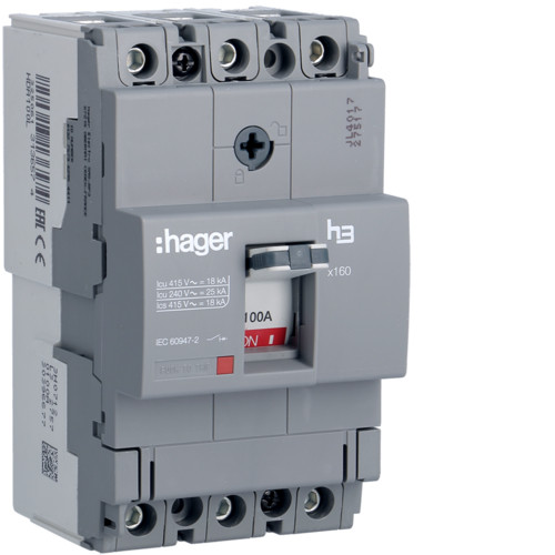 Hager HDA100L x160 TM kompakt megszakító, 3P, 100A, 18kA Hager HDA100L x160 TM kompakt megszakító, 3P, 100A, 18kA