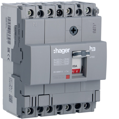 Hager HDA101L x160 TM kompakt megszakító, 4P, 100A, 18kA Hager HDA101L x160 TM kompakt megszakító, 4P, 100A, 18kA