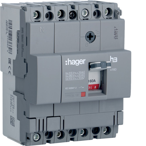 Hager HDA161L x160 TM kompakt megszakító, 4P, 160A, 18kA Hager HDA161L x160 TM kompakt megszakító, 4P, 160A, 18kA