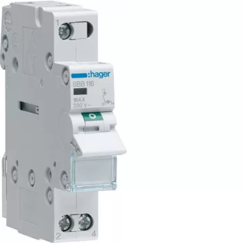   Hager SBB116 Leválasztókapcsoló jelzőlámpával, 1P, 16A, moduláris, 1M, lámpa: kapcsolt táp/direkt elmenő