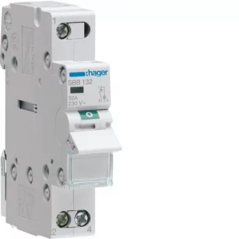  Hager SBB132 Leválasztókapcsoló jelzőlámpával, 1P, 32A, moduláris, 1M, lámpa: kapcsolt táp/direkt elmenő