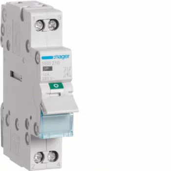   Hager SBB216 Leválasztókapcsoló jelzőlámpával, 2P, 16A, moduláris, 1M, lámpa: kapcsolt táp/kapcsolt elmenő