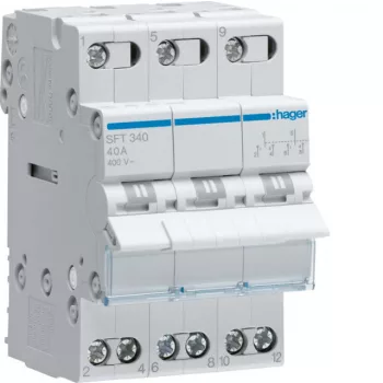   Hager SFT340 Választókapcsoló, 3P, 40A, I-0-II, moduláris, 3M, közös pont felül