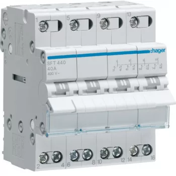   Hager SFT440 Választókapcsoló, 4P, 40A, I-0-II, moduláris, 4M, közös pont felül
