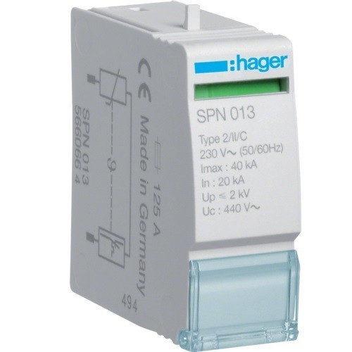 Hager SPN013, túlfeszültség levezető betét (SPN113, SPN513, SPN517-hez) C (T2) fokozatú, 400V/40kA (Hager SPN013)