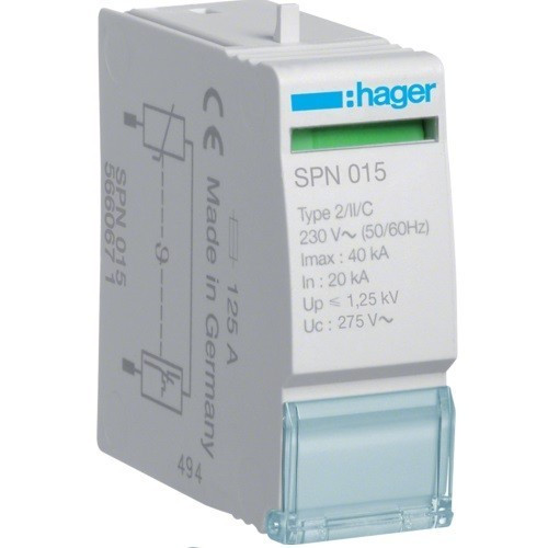 Hager SPN015, túlfeszültség levezető betét (SPN115, SPN315, SPN317, SPN415, SPN417, SPN418, SPN419-hez) C (T2) fokozatú, 230V/40kA (Hager SPN015)