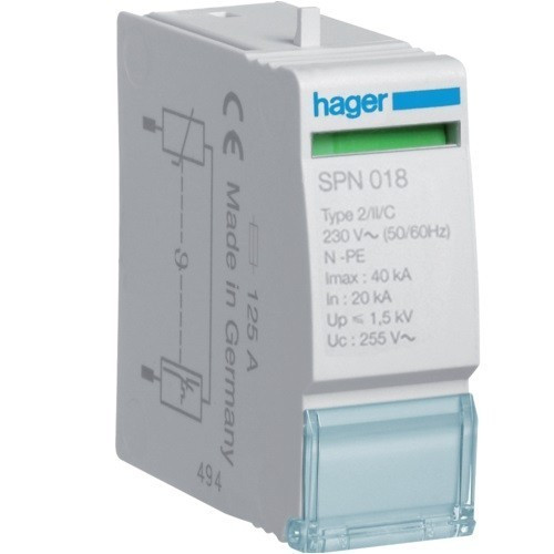 Hager SPN018, túlfeszültség levezető betét (SPN117, SPN118, SPN418, SPN419-hez) C (T2) fokozatú, 230V/30kA (Hager SPN018)