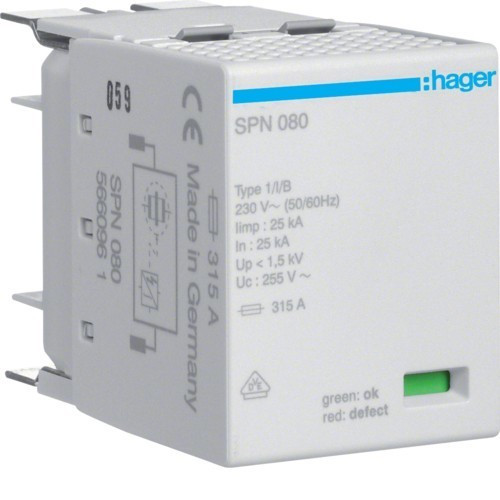 Hager SPN080, túlfeszültség levezető betét (SPN800, SPN800(R), SPN801, SPN801(R)-hez) B+C (T1+T2) fokozatú, 255V/25kA (Hager SPN080)