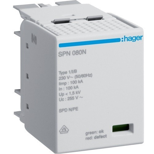 Hager SPN080N, túlfeszültség levezető betét (SPN802, SPN802(R)-hez)B+C (T1+T2) fokozatú, 255V/25kA (Hager SPN080N)
