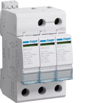   Hager SPN517 Túlfesz. levezető, C oszt., 3P, dugaszolható, 40kA, 2kV, TNS, táv- és állapotjelző