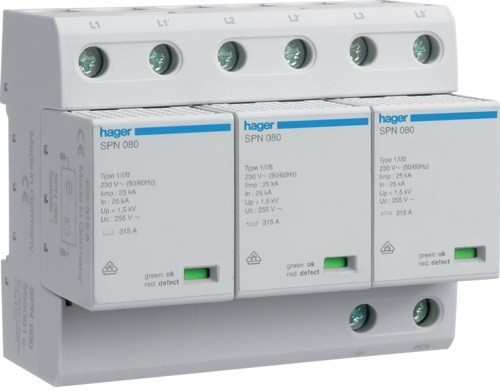 Hager SPN800, túlfeszültség levezető (cserélhető betétes) 3 pólus, B+C (T1+T2) fokozatú, távjelző nélküli, 255V/75kA (Hager SPN800)