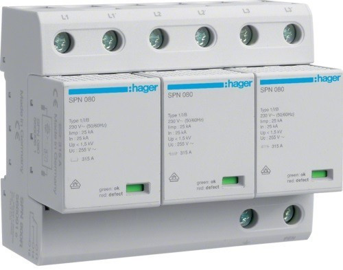 Hager SPN800R, túlfeszültség levezető (cserélhető betétes) 3 pólus, B+C (T1+T2) fokozatú, távjelzővel, 255V/75kA (Hager SPN800R)