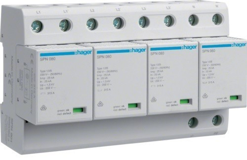 Hager SPN801, túlfeszültség levezető (cserélhető betétes) 4 pólus, B+C (T1+T2) fokozatú, távjelző nélküli, 255V/100kA (Hager SPN801)