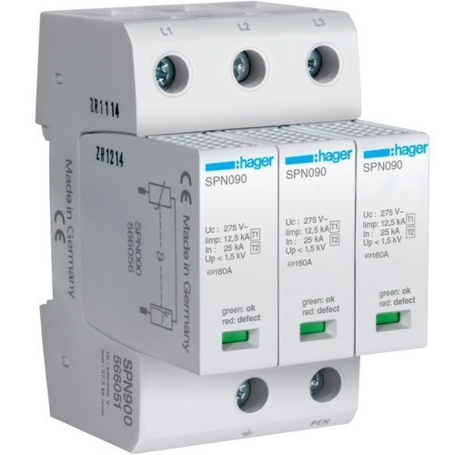 Hager SPN900, túlfeszültség levezető (cserélhető betétes) 3 pólus, B+C (T1+T2) fokozatú, távjelző nélküli, 275V/37,5kA (Hager SPN900)