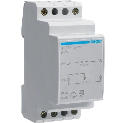 Hager ST303, moduláris csengő transzformátor 8 VA, 230V/8-12V AC 50/60 Hz (Hager ST303)
