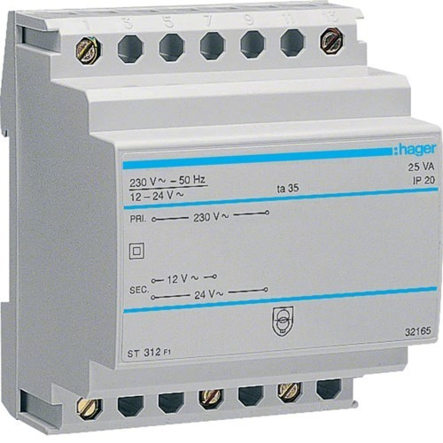 Hager ST312, moduláris bisztonsági transzformátor 25 VA, 230V/12-24V AC 50 Hz (Hager ST312)