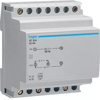   Hager ST314, moduláris bisztonsági transzformátor 40 VA, 230V/12-24V AC 50 Hz (Hager ST314)