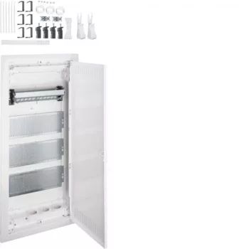   Hager VH48NW Volta multimédia elosztó 4 soros kivágott fém ajtóval gipszkarton falba süllyesztett, 755.5x348x98mm (Fal kivágás 720x314,5x89mm)