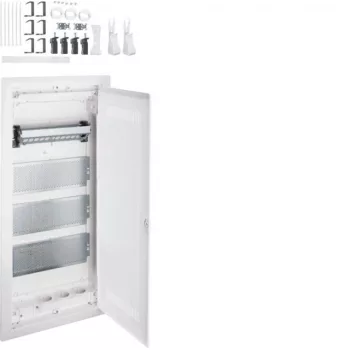   Hager VH48WWH Volta multimédia elosztó 4 soros kivágott műanyag ajtóval gipszkarton falba süllyesztett, 755.5x348x98mm (Fal kivágás 720x314,5x89mm)