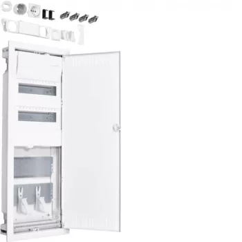   Hager VH602NWH Volta hibrid multimédia elosztó 5 soros (2 sor moduláris - 3 sor multimédia) perforált fém ajtóval gipszkarton falba süllyesztett, 880.5x348x98mm (Fal kivágás 845x314,5x89mm)