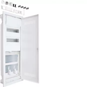   Hager VH602WWH Volta hibrid multimédia elosztó 5 soros (2 sor moduláris - 3 sor multimédia) perforált műanyag ajtóval gipszkarton falba süllyesztett, 880.5x348x98mm (Fal kivágás 845x314,5x89mm)