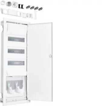   Hager VH603NWH Volta hibrid multimédia elosztó 5 soros (3 sor moduláris - 2 sor multimédia) perforált fém ajtóval gipszkarton falba süllyesztett, 880.5x348x98mm (Fal kivágás 845x314,5x89mm)