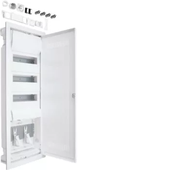   Hager VH603WWH Volta hibrid multimédia elosztó 5 soros (3 sor moduláris - 2 sor multimédia) perforált műanyag ajtóval gipszkarton falba süllyesztett, 880.5x348x98mm (Fal kivágás 845x314,5x89mm)