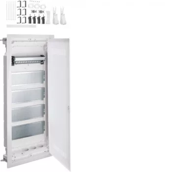   Hager VH60WWH Volta multimédia elosztó 5 soros kivágott műanyag ajtóval gipszkarton falba süllyesztett, 880.5x348x98mm (Fal kivágás 845x314,5x89mm)