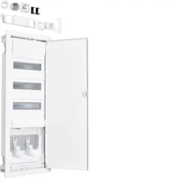   Hager VU603NWH Volta hibrid multimédia elosztó 5 soros (3 sor moduláris - 2 sor multimédia) perforált fém ajtóval falba süllyesztett, 880.5x348x98mm (Fal kivágás 845x314,5x89mm)