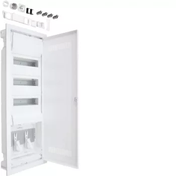   Hager VU603WWH Volta hibrid multimédia elosztó 5 soros (3 sor moduláris - 2 sor multimédia) perforált műanyag ajtóval falba süllyesztett, 880.5x348x98mm (Fal kivágás 845x314,5x89mm)